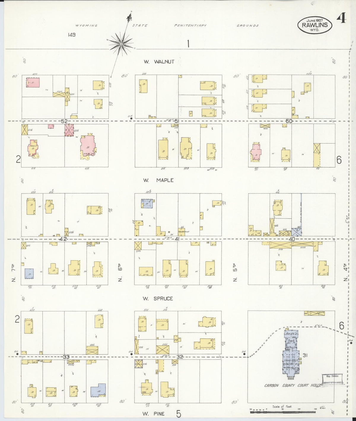 Sanborn Fire Insurance Map from Rawlins, Carbon County, Wyoming (1907), Sheet #0004 - Historic Sanborn Fire Insurance Map Print, vintage old map wall art, antique decor, genealogy gift, Wyoming Wyoming map