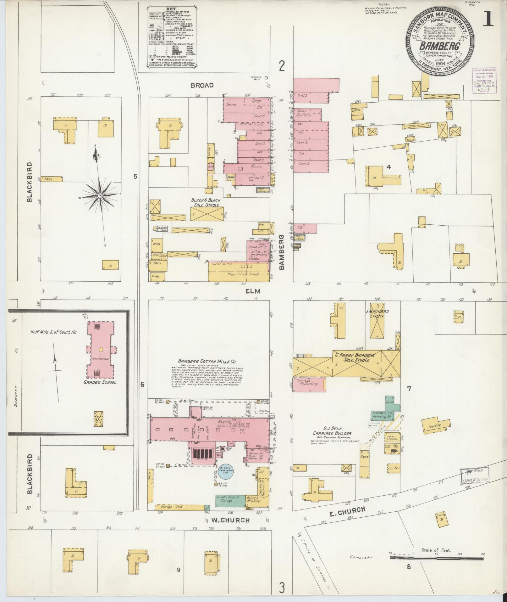 Sanborn Fire Insurance Map from Bamberg, Bamberg County, South Carolina (1904), Sheet #0001 - Complete Map Set gallery image, historic Sanborn map, vintage wall art, South Carolina South Carolina