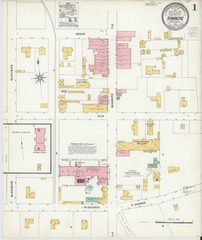 Sanborn Fire Insurance Map from Bamberg, Bamberg County, South Carolina (1904), Sheet #0001 - Complete Map Set gallery image, historic Sanborn map, vintage wall art, South Carolina South Carolina