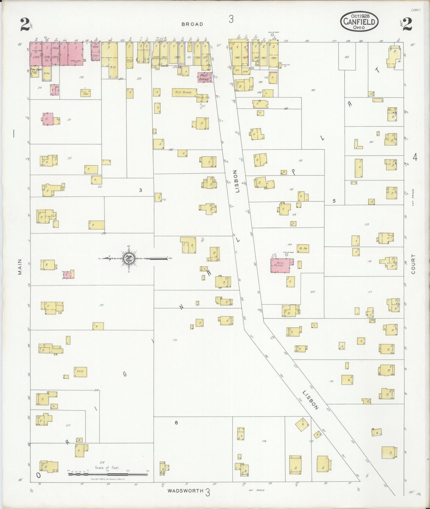 Sanborn Fire Insurance Map from Canfield, Mahoning County, Ohio (1928), Sheet #0002 - Historic Sanborn Fire Insurance Map Print, vintage old map wall art, antique decor, genealogy gift, Ohio Ohio map