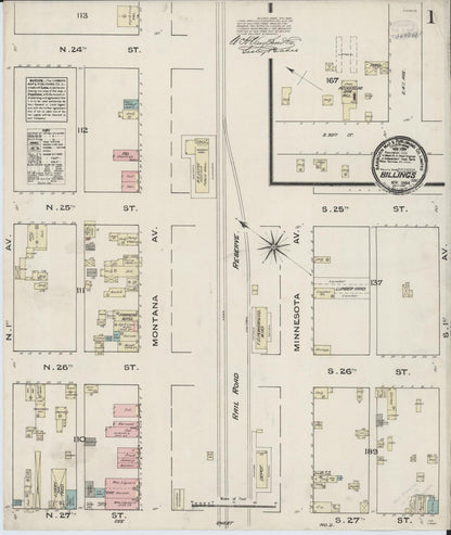 Sanborn Fire Insurance Map from Billings, Yellowstone County, Montana (1884), Sheet #0001 - Complete Map Set gallery image, historic Sanborn map, vintage wall art, Montana Montana
