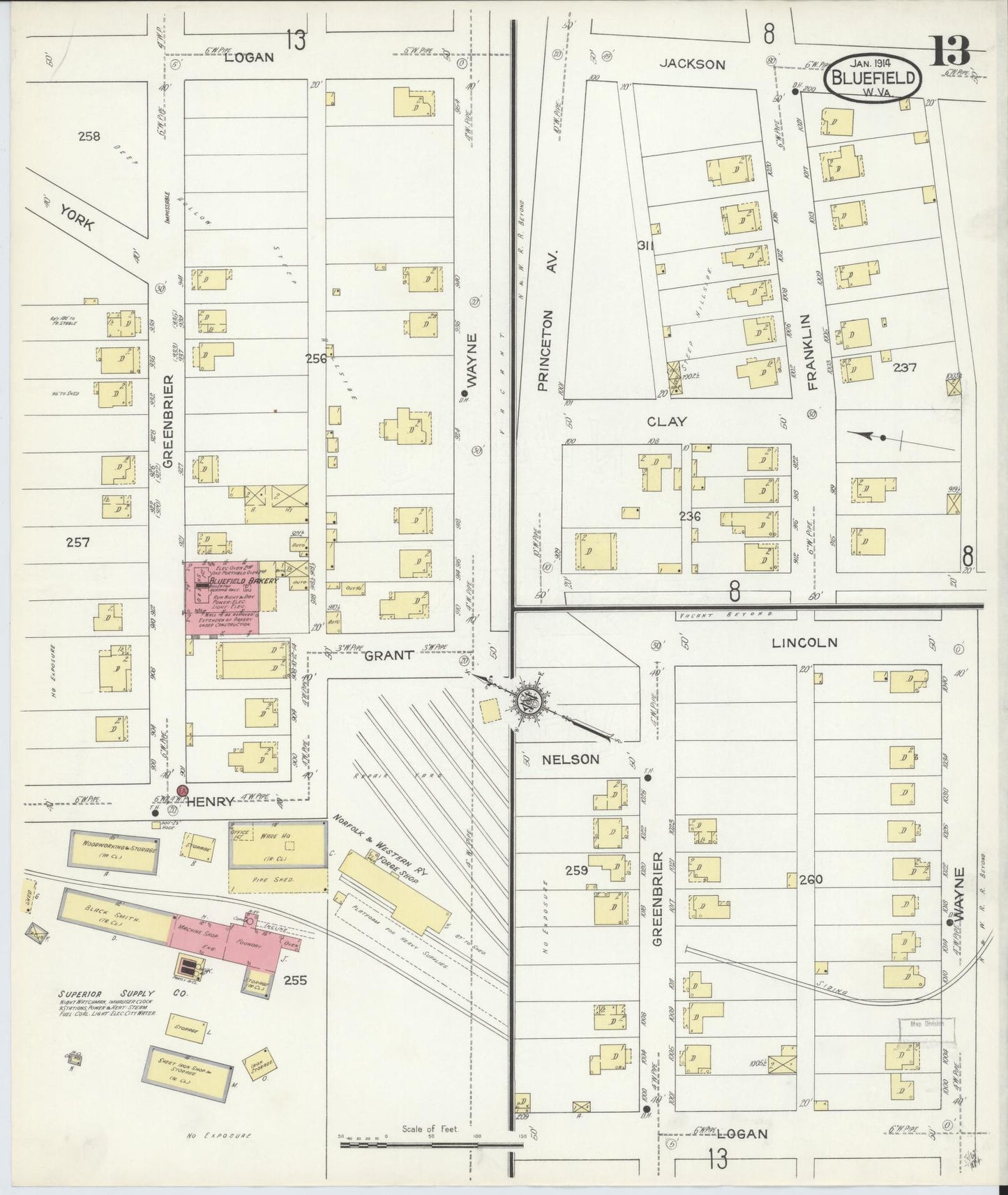 Sanborn Fire Insurance Map from Bluefield, Mercer County, West Virginia (1914), Sheet #0013 - Historic Sanborn Fire Insurance Map Print, vintage old map wall art, antique decor, genealogy gift, West Virginia West Virginia map