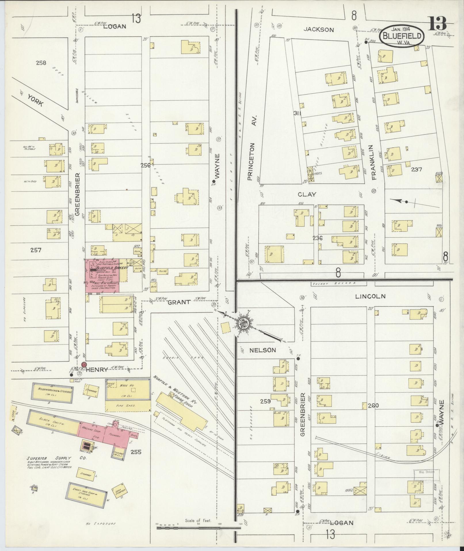 Sanborn Fire Insurance Map from Bluefield, Mercer County, West Virginia (1914), Sheet #0013 - Historic Sanborn Fire Insurance Map Print, vintage old map wall art, antique decor, genealogy gift, West Virginia West Virginia map