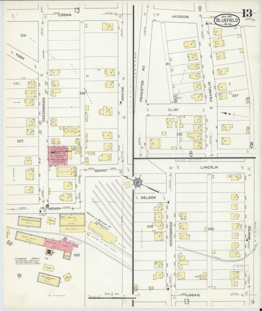 Sanborn Fire Insurance Map from Bluefield, Mercer County, West Virginia (1914), Sheet #0013 - Historic Sanborn Fire Insurance Map Print, vintage old map wall art, antique decor, genealogy gift, West Virginia West Virginia map