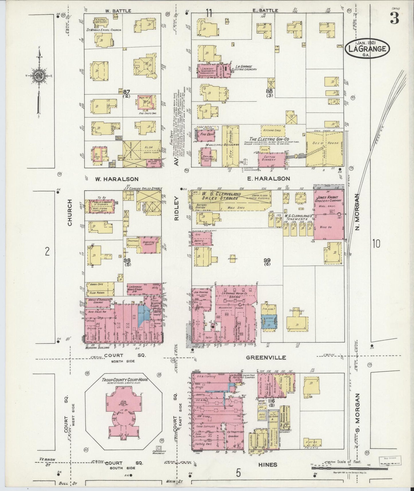 Sanborn Fire Insurance Map from La Grange, Troup County, Georgia (1921), Sheet #0003 - Historic Sanborn Fire Insurance Map Print, vintage old map wall art, antique decor, genealogy gift, Georgia Georgia map