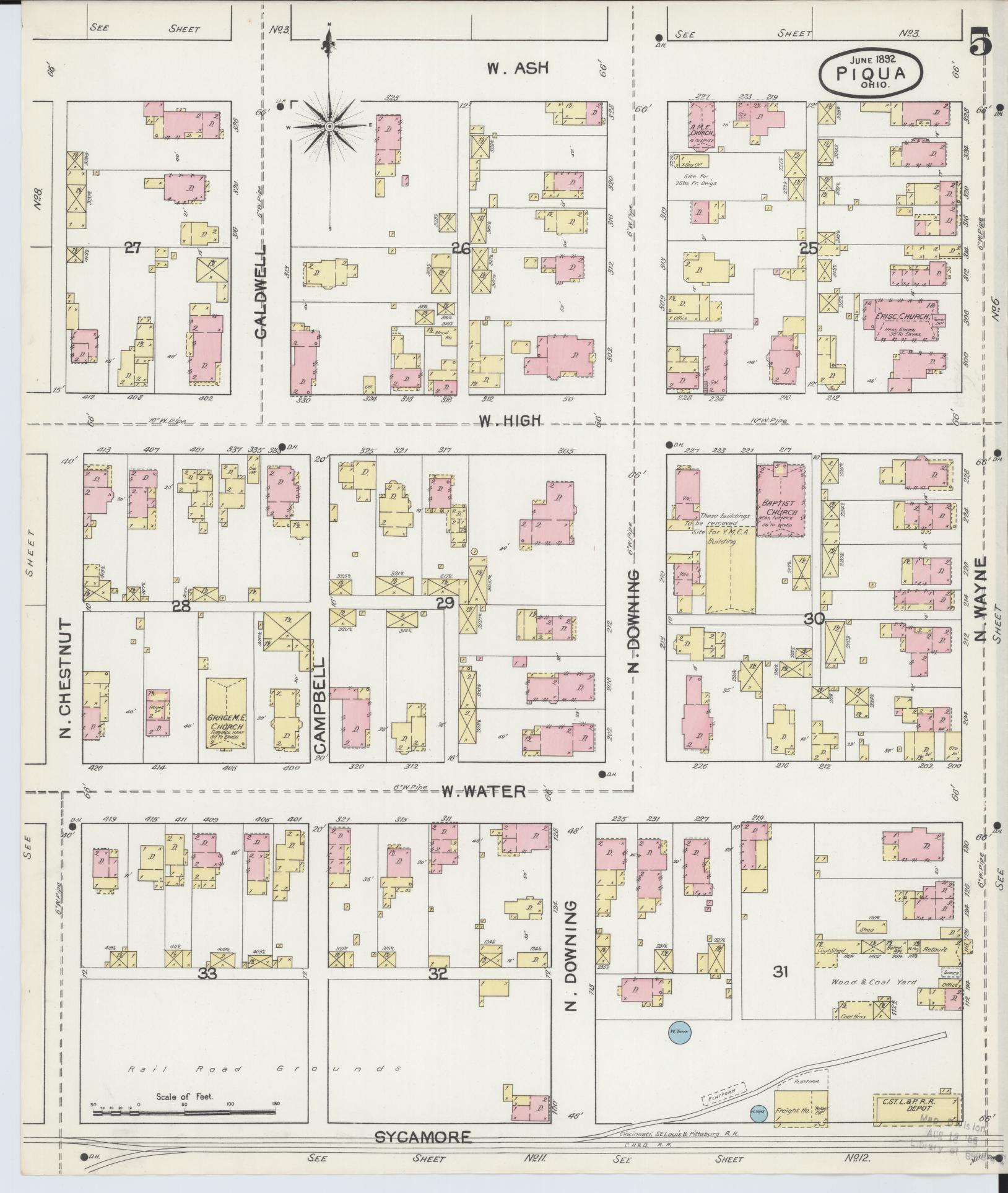Sanborn Fire Insurance Map from Piqua, Miami County, Ohio (1892), Sheet #0005 - Historic Sanborn Fire Insurance Map Print, vintage old map wall art, antique decor, genealogy gift, Ohio Ohio map