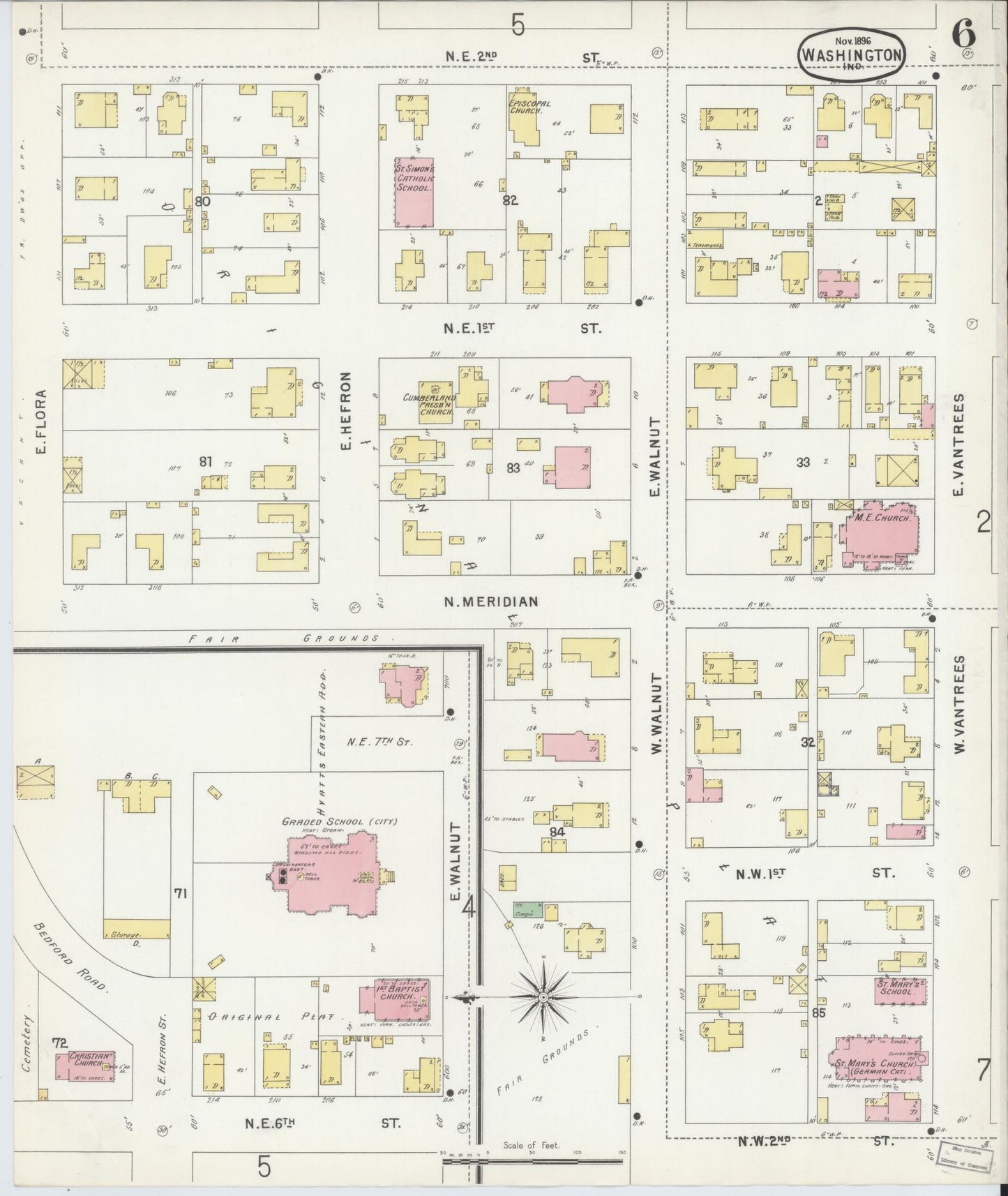 Sanborn Fire Insurance Map from Washington, Daviess County, Indiana (1896), Sheet #0006 - Historic Sanborn Fire Insurance Map Print, vintage old map wall art, antique decor, genealogy gift, Indiana Indiana map