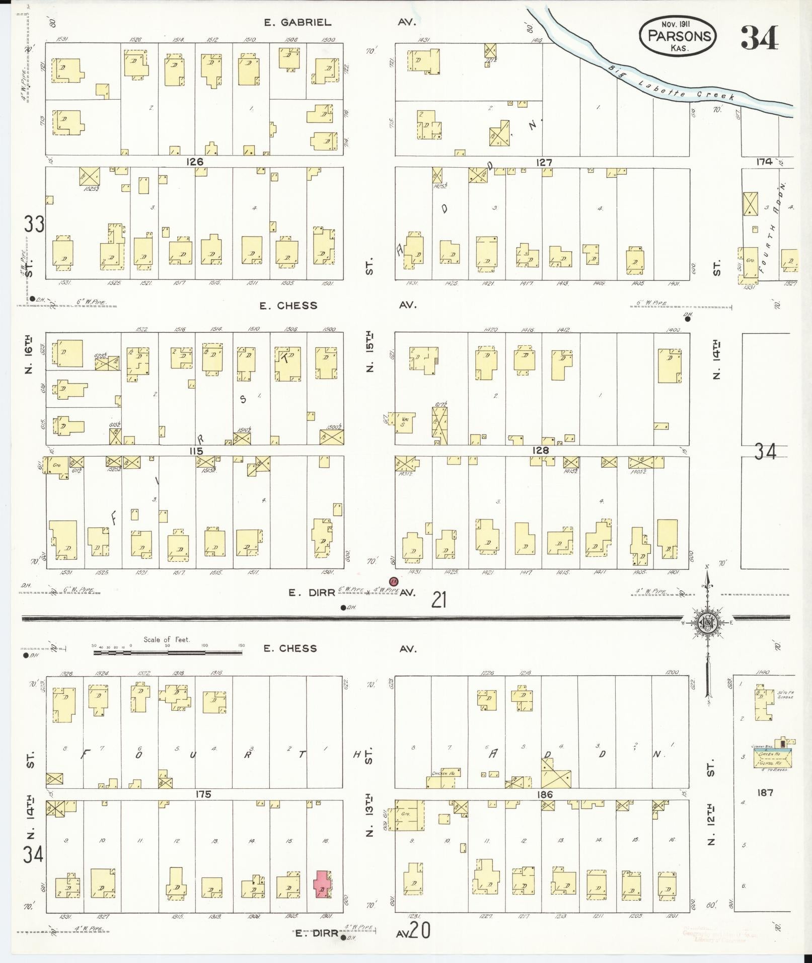 Sanborn Fire Insurance Map from Parsons, Labette County, Kansas (1911), Sheet #0034 - Historic Sanborn Fire Insurance Map Print, vintage old map wall art, antique decor, genealogy gift, Kansas Kansas map