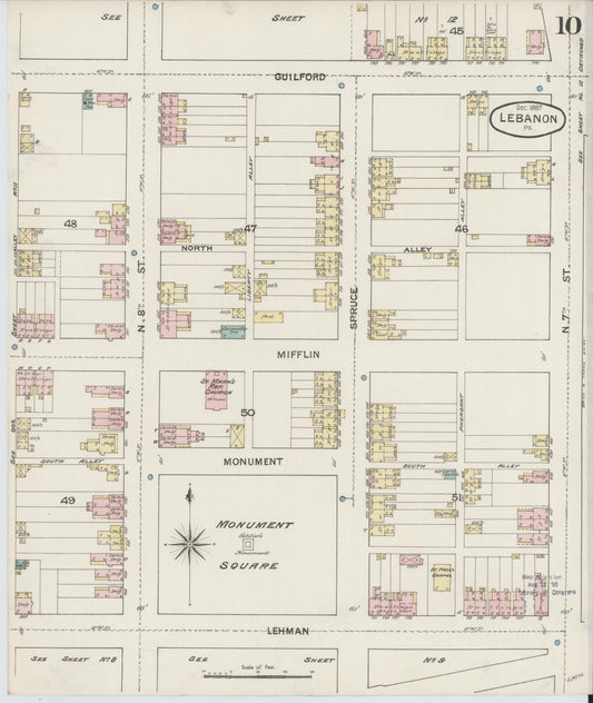 Sanborn Fire Insurance Map from Lebanon, Lebanon County, Pennsylvania (1887), Sheet #0010 - Historic Sanborn Fire Insurance Map Print, vintage old map wall art, antique decor, genealogy gift, Pennsylvania Pennsylvania map