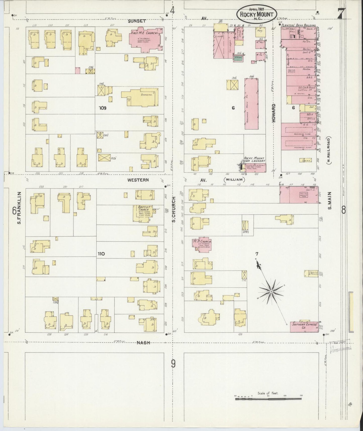 Sanborn Fire Insurance Map from Rocky Mount, Edgecombe And Nash Counties, North Carolina (1907), Sheet #0007 - Complete Map Set gallery image, historic Sanborn map, vintage wall art, North Carolina North Carolina