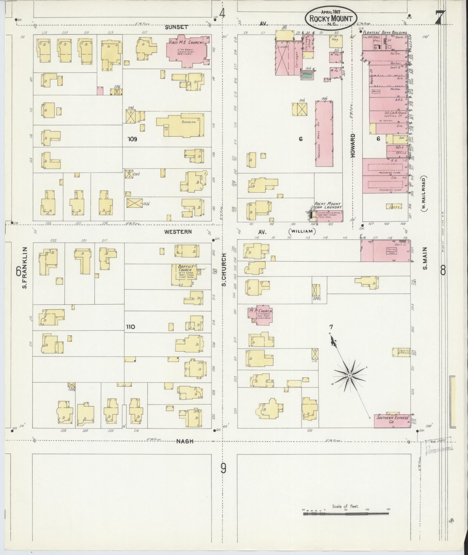 Sanborn Fire Insurance Map from Rocky Mount, Edgecombe And Nash Counties, North Carolina (1907), Sheet #0007 - Complete Map Set gallery image, historic Sanborn map, vintage wall art, North Carolina North Carolina
