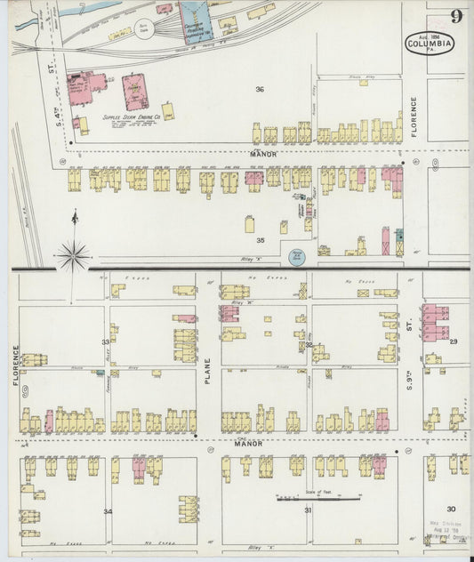 Sanborn Fire Insurance Map from Columbia, Lancaster County, Pennsylvania (1894), Sheet #0009 - Historic Sanborn Fire Insurance Map Print, vintage old map wall art, antique decor, genealogy gift, Pennsylvania Pennsylvania map