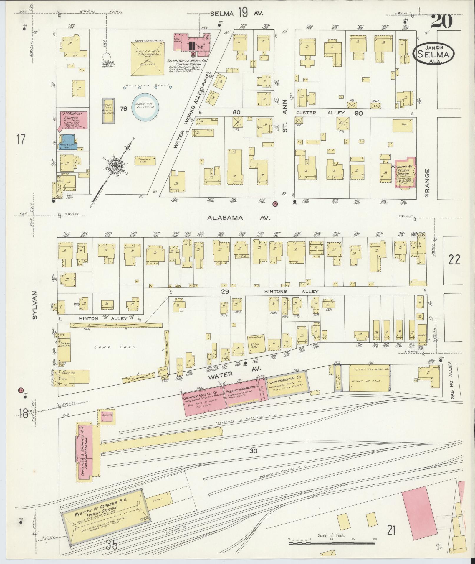 Sanborn Fire Insurance Map from Selma, Dallas County, Alabama (1913), Sheet #0020 - Historic Sanborn Fire Insurance Map Print, vintage old map wall art, antique decor, genealogy gift, Alabama Alabama map