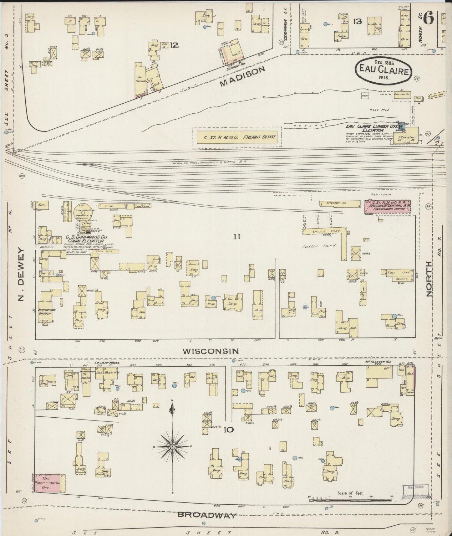 Sanborn Fire Insurance Map from Eau Claire, Eau Claire County, Wisconsin (1885), Sheet #0006 - Historic Sanborn Fire Insurance Map Print, vintage old map wall art, antique decor, genealogy gift, Wisconsin Wisconsin map