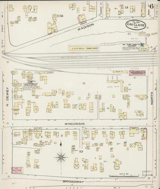 Sanborn Fire Insurance Map from Eau Claire, Eau Claire County, Wisconsin (1885), Sheet #0006 - Historic Sanborn Fire Insurance Map Print, vintage old map wall art, antique decor, genealogy gift, Wisconsin Wisconsin map