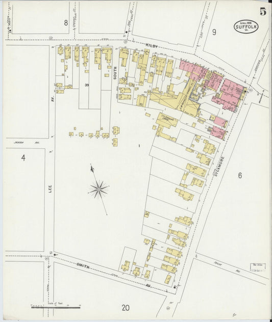 Sanborn Fire Insurance Map from Suffolk, Independent Cities, Virginia (1898), Sheet #0005 - Historic Sanborn Fire Insurance Map Print, vintage old map wall art, antique decor, genealogy gift, Virginia Virginia map