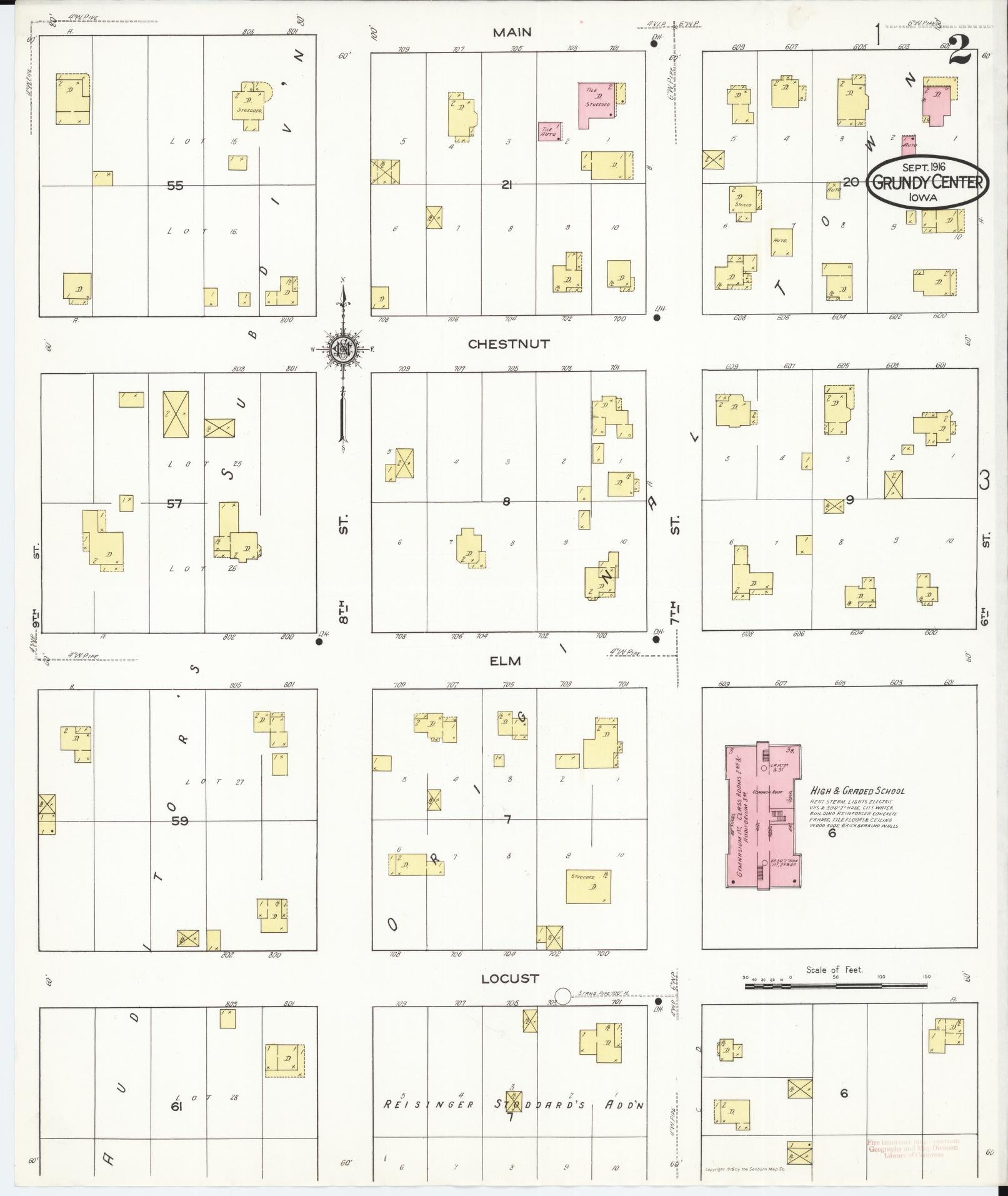 Sanborn Fire Insurance Map from Grundy Center, Grundy County, Iowa (1916), Sheet #0002 - Historic Sanborn Fire Insurance Map Print, vintage old map wall art