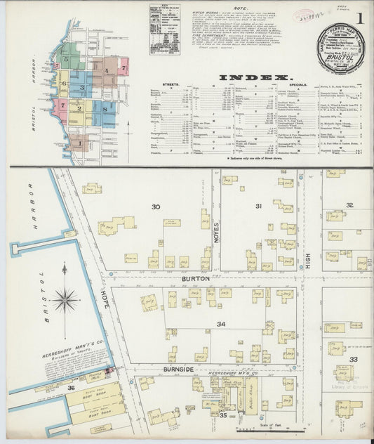 Sanborn Fire Insurance Map from Bristol, Bristol County, Rhode Island (1891), Sheet #0001 - Historic Sanborn Fire Insurance Map Print, vintage old map wall art, antique decor, genealogy gift, Rhode Island Rhode Island map