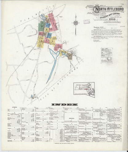 Sanborn Fire Insurance Map from North Attleborough, Bristol County, Massachusetts (1916), Sheet #0001 - Historic Sanborn Fire Insurance Map Print, vintage old map wall art, antique decor, genealogy gift, Massachusetts Massachusetts map