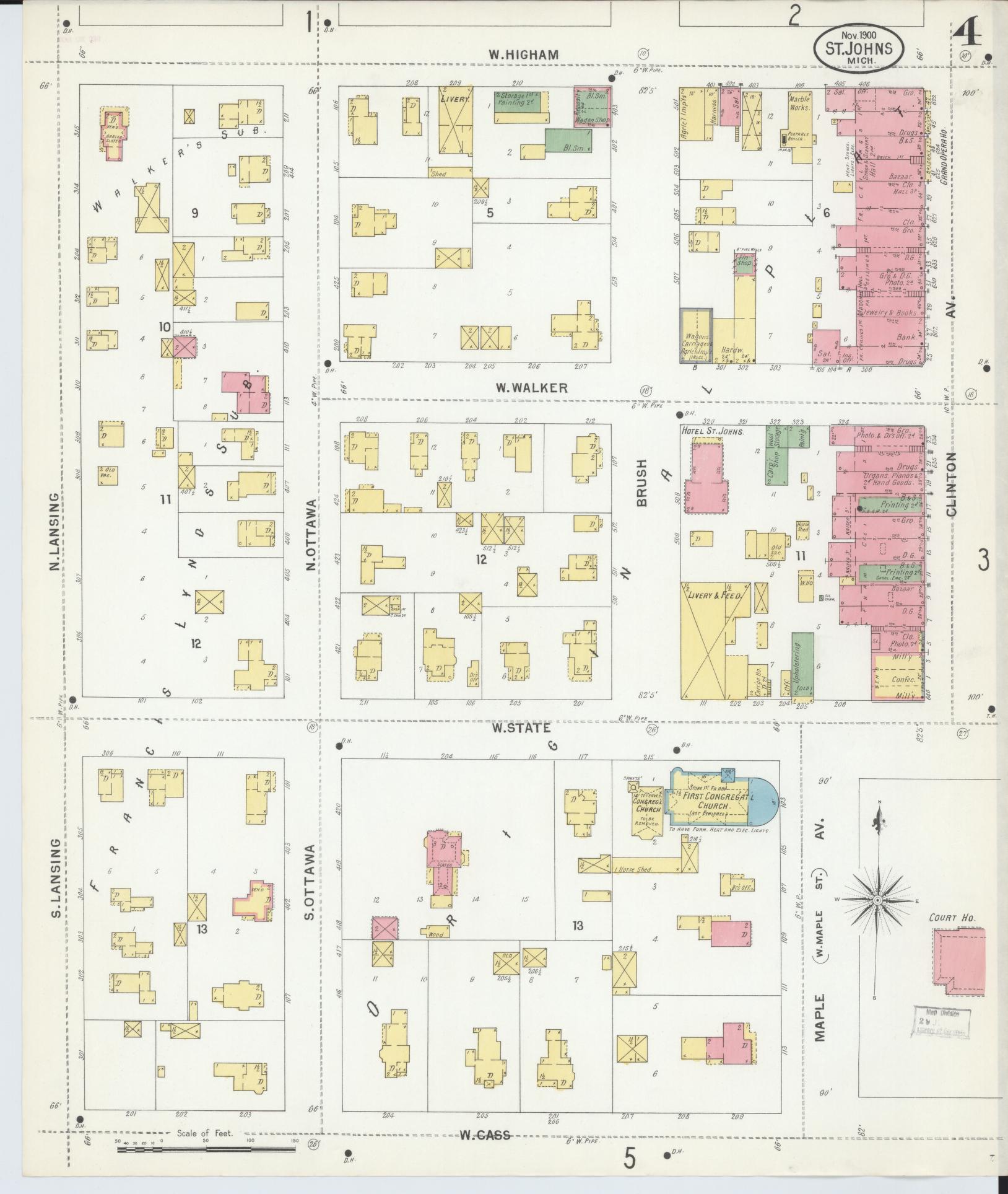 Sanborn Fire Insurance Map from Saint Johns, Clinton County, Michigan (1900), Sheet #0004 - Complete Map Set gallery image, historic Sanborn map, vintage wall art, Michigan Michigan