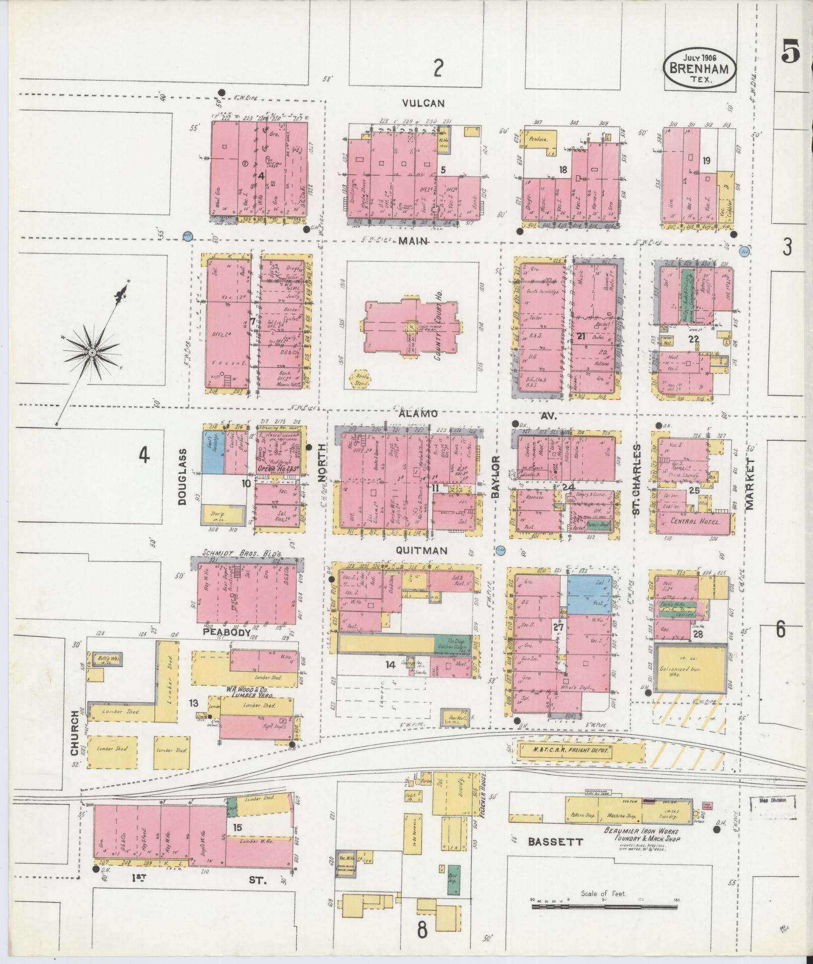 Sanborn Fire Insurance Map from Brenham, Washington County, Texas (1906), Sheet #0005 - Historic Sanborn Fire Insurance Map Print, vintage old map wall art, antique decor, genealogy gift, Texas Texas map