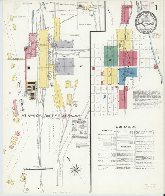 Sanborn Fire Insurance Map from South Pittsburg, Marion County, Tennessee (1907), Sheet #0001 - Complete Map Set gallery image, historic Sanborn map, vintage wall art, Tennessee Tennessee