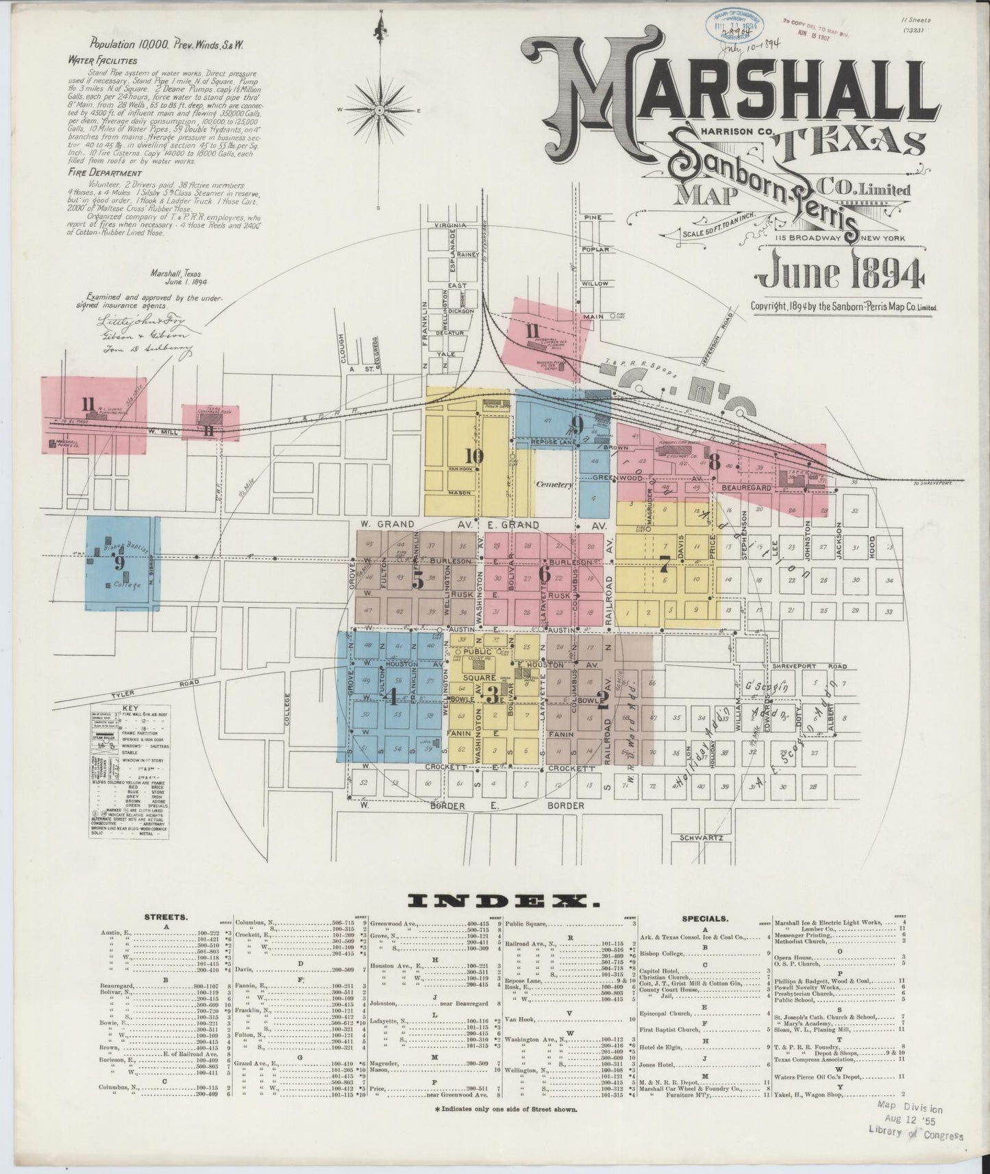 Sanborn Fire Insurance Map from Marshall, Harrison County, Texas (1894), Sheet #0001 - Historic Sanborn Fire Insurance Map Print, vintage old map wall art, antique decor, genealogy gift, Texas Texas map