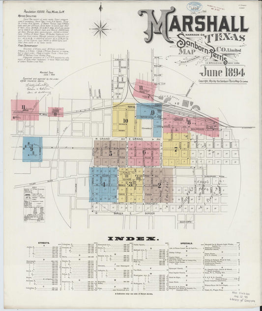 Sanborn Fire Insurance Map from Marshall, Harrison County, Texas (1894), Sheet #0001 - Historic Sanborn Fire Insurance Map Print, vintage old map wall art, antique decor, genealogy gift, Texas Texas map