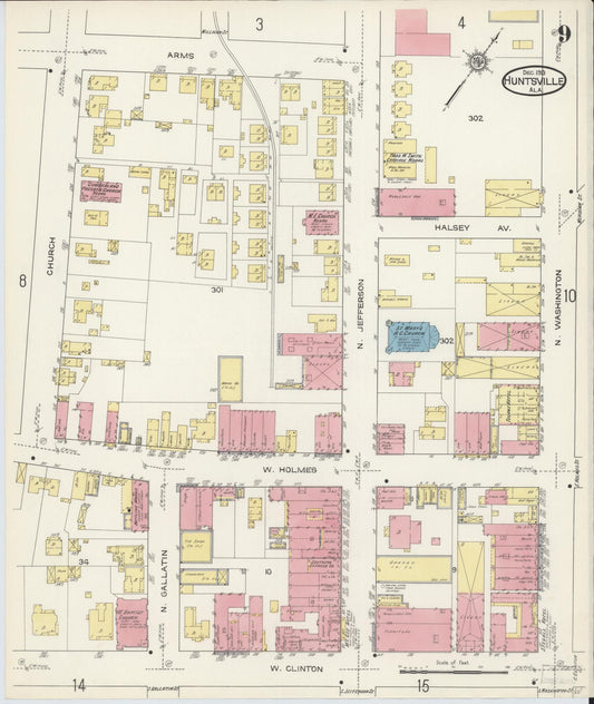 Sanborn Fire Insurance Map from Huntsville, Madison County, Alabama (1913), Sheet #0009 - Historic Sanborn Fire Insurance Map Print, vintage old map wall art, antique decor, genealogy gift, Alabama Alabama map