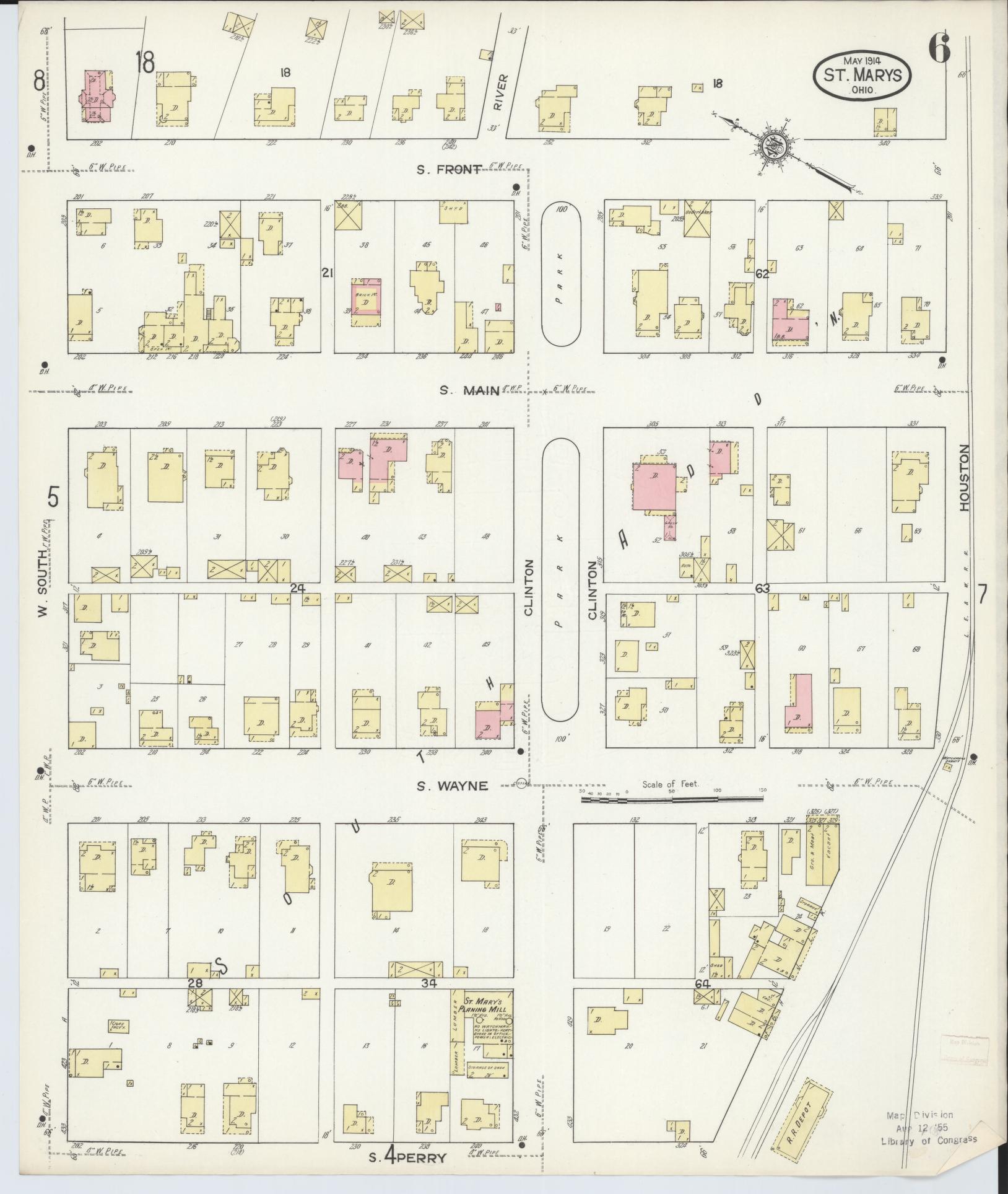 Sanborn Fire Insurance Map from Saint Marys, Auglaize County, Ohio (1914), Sheet #0006 - Historic Sanborn Fire Insurance Map Print, vintage old map wall art, antique decor, genealogy gift, Ohio Ohio map
