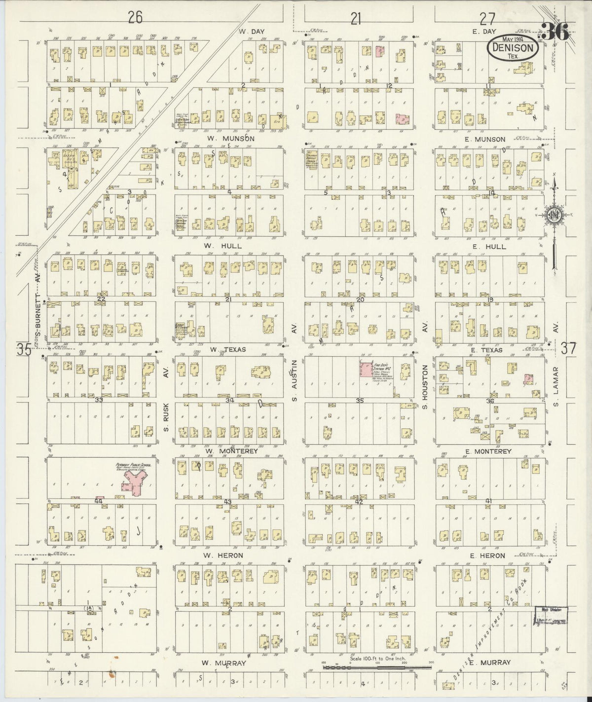 Sanborn Fire Insurance Map from Denison, Grayson County, Texas (1914), Sheet #0036 - Complete Map Set gallery image, historic Sanborn map, vintage wall art, Texas Texas
