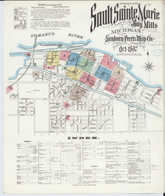 Sanborn Fire Insurance Map from Sault Sainte Marie, Chippewa County, Michigan (1897), Sheet #0001 - Historic Sanborn Fire Insurance Map Print, vintage old map wall art, antique decor, genealogy gift, Michigan Michigan map