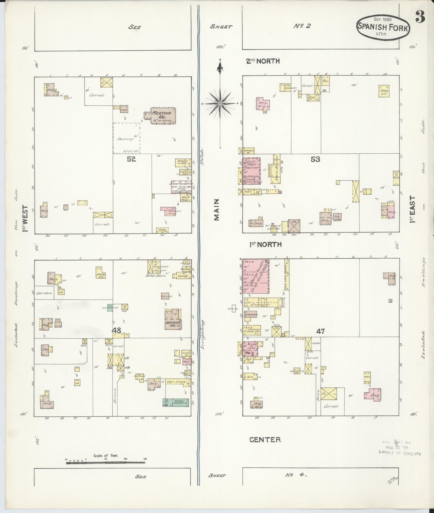 Sanborn Fire Insurance Map from Spanish Fork, Utah County, Utah (1890), Sheet #0003 - Historic Sanborn Fire Insurance Map Print, vintage old map wall art, antique decor, genealogy gift, Spanish Fork Utah map