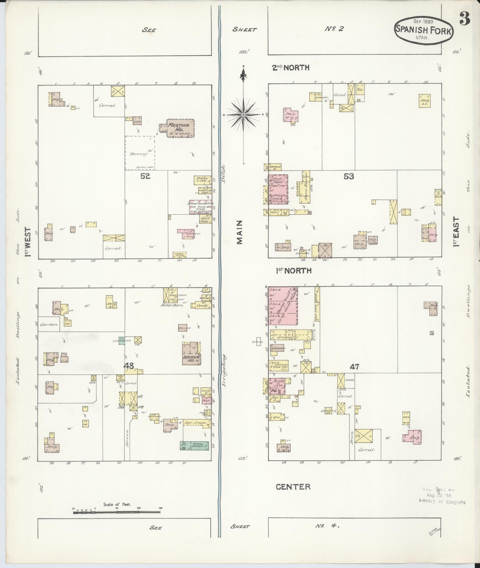 Sanborn Fire Insurance Map from Spanish Fork, Utah County, Utah (1890), Sheet #0003 - Historic Sanborn Fire Insurance Map Print, vintage old map wall art, antique decor, genealogy gift, Spanish Fork Utah map