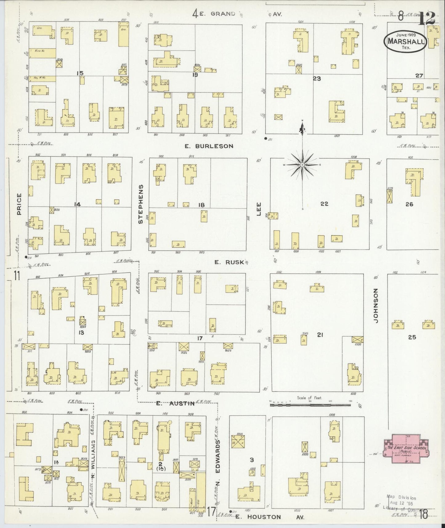 Sanborn Fire Insurance Map from Marshall, Harrison County, Texas (1909), Sheet #0012 - Complete Map Set gallery image, historic Sanborn map, vintage wall art, Texas Texas