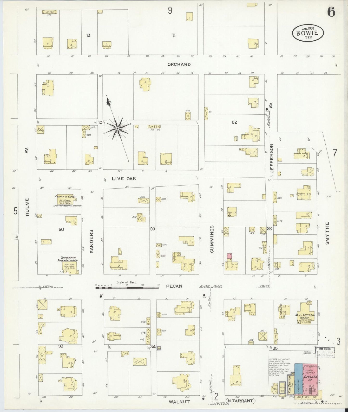 Sanborn Fire Insurance Map from Bowie, Montague County, Texas (1908), Sheet #0006 - Historic Sanborn Fire Insurance Map Print, vintage old map wall art, antique decor, genealogy gift, Texas Texas map