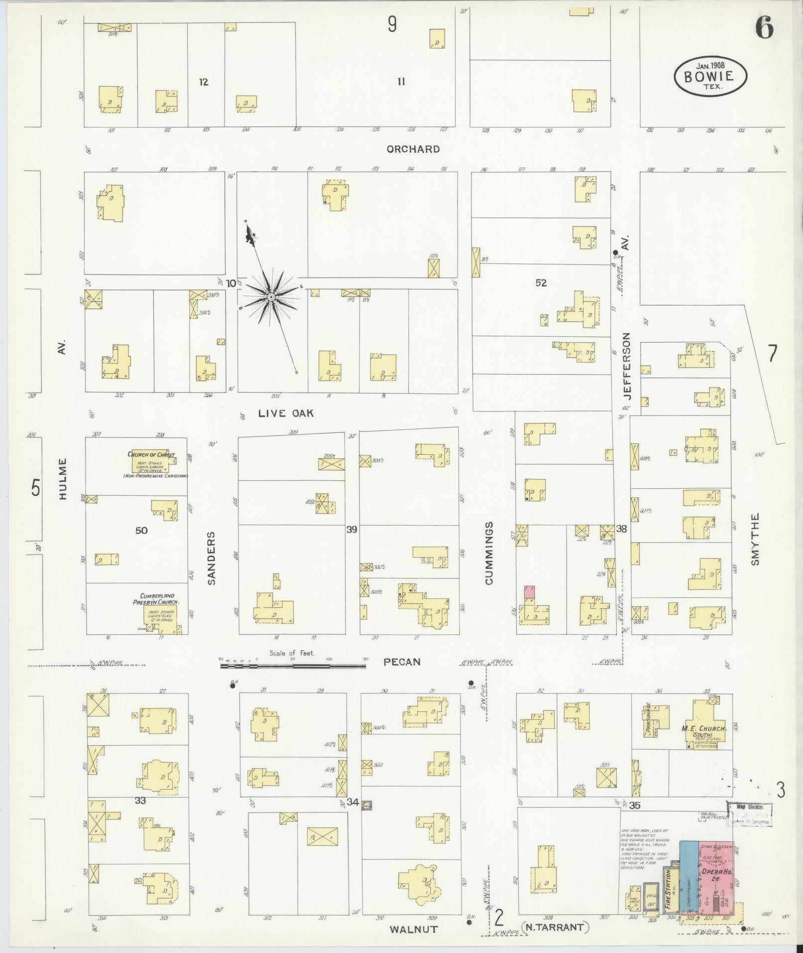 Sanborn Fire Insurance Map from Bowie, Montague County, Texas (1908), Sheet #0006 - Historic Sanborn Fire Insurance Map Print, vintage old map wall art, antique decor, genealogy gift, Texas Texas map