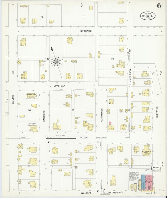 Sanborn Fire Insurance Map from Bowie, Montague County, Texas (1908), Sheet #0006 - Historic Sanborn Fire Insurance Map Print, vintage old map wall art, antique decor, genealogy gift, Texas Texas map