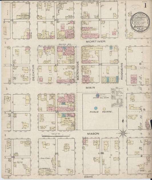 Sanborn Fire Insurance Map from Barry, Pike County, Illinois (1885), Sheet #0001 - Historic Sanborn Fire Insurance Map Print, vintage old map wall art, antique decor, genealogy gift, Illinois Illinois map