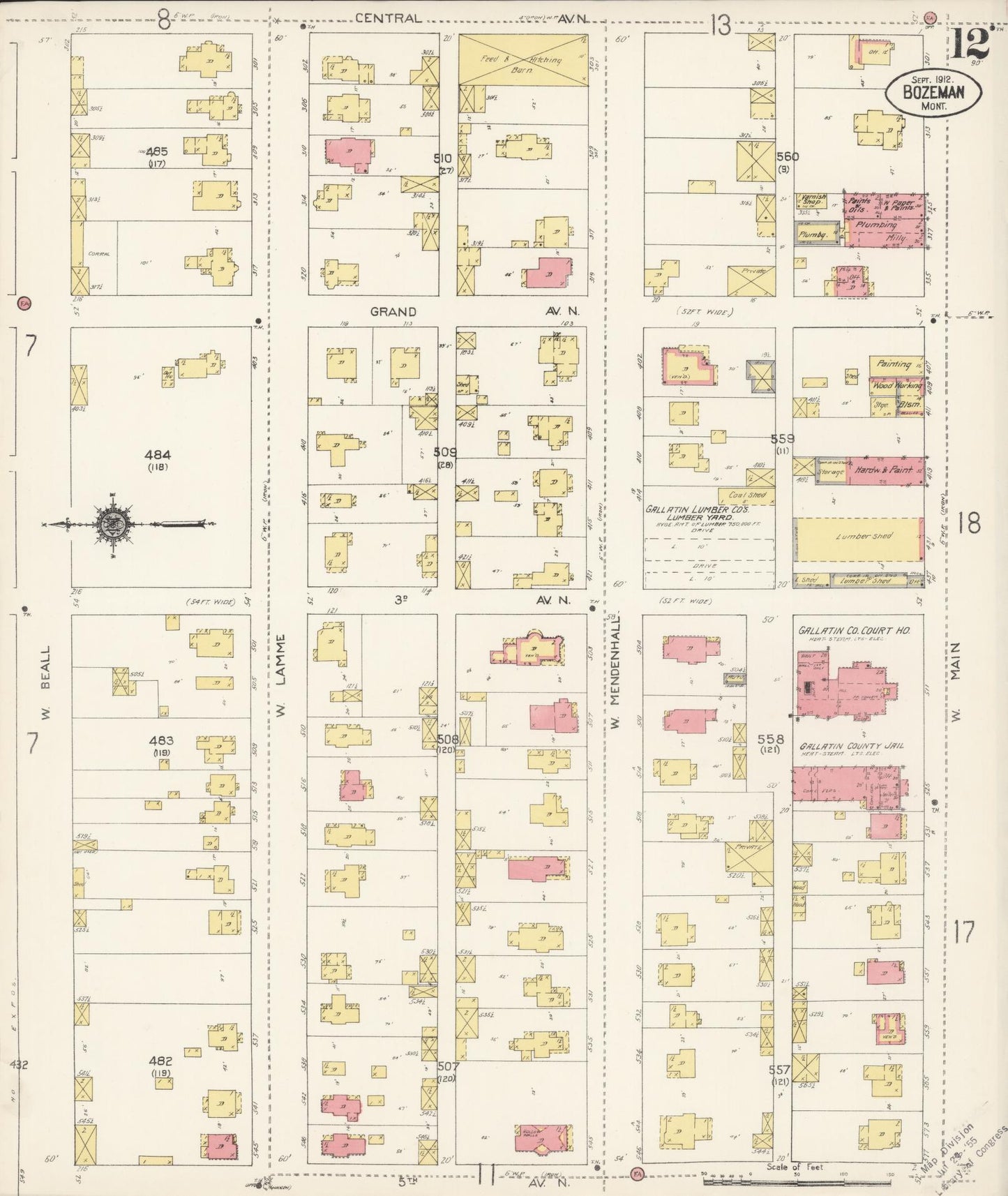 Sanborn Fire Insurance Map from Bozeman, Gallatin County, Montana (1912), Sheet #0012 - Historic Sanborn Fire Insurance Map Print, vintage old map wall art, antique decor, genealogy gift, Montana Montana map