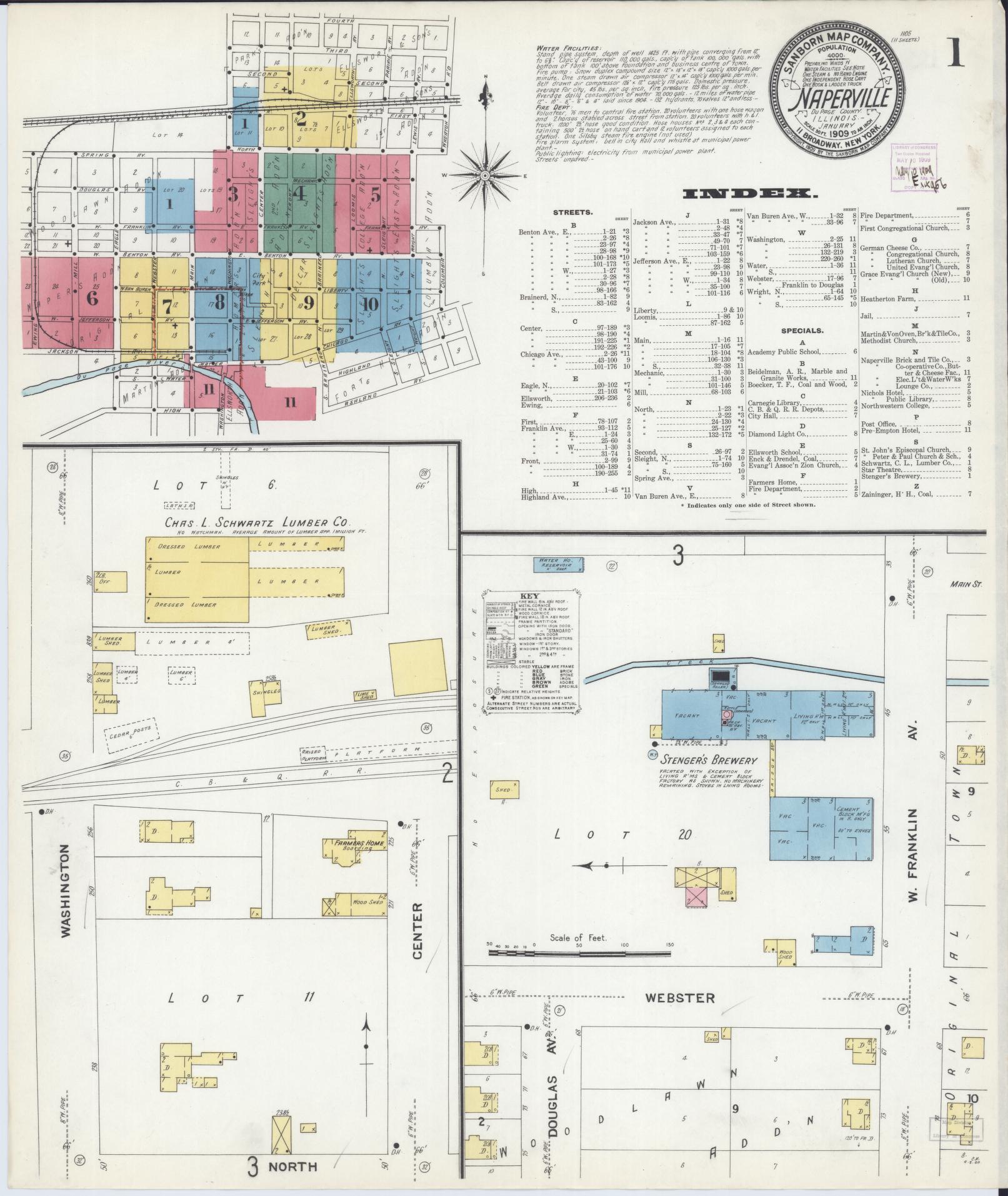 Sanborn Fire Insurance Map from Naperville, Du Page County, Illinois (1909), Sheet #0001 - Complete Map Set gallery image, historic Sanborn map, vintage wall art, Illinois Illinois