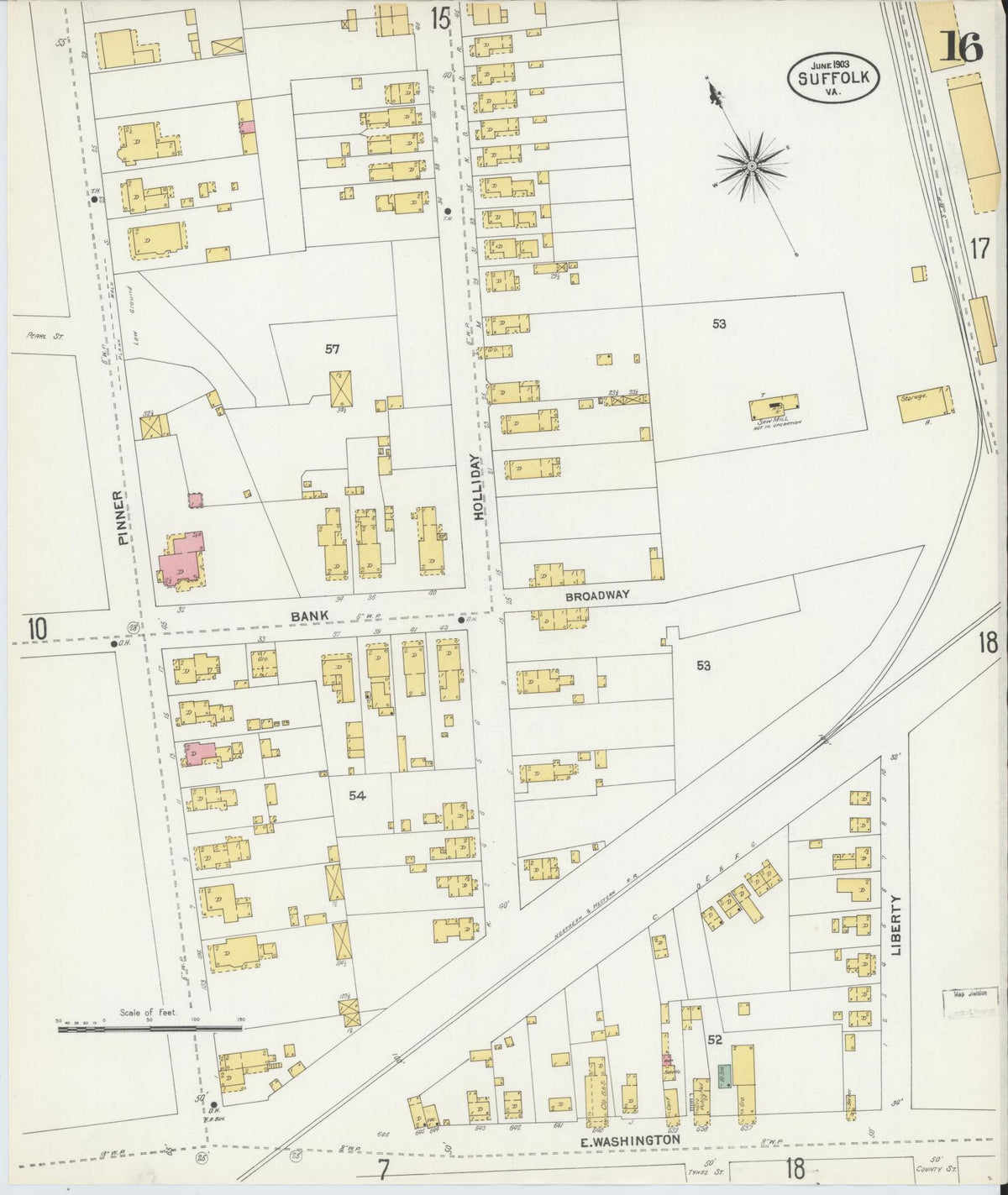 Sanborn Fire Insurance Map from Suffolk, Independent Cities, Virginia (1903), Sheet #0016 - Historic Sanborn Fire Insurance Map Print, vintage old map wall art, antique decor, genealogy gift, Virginia Virginia map