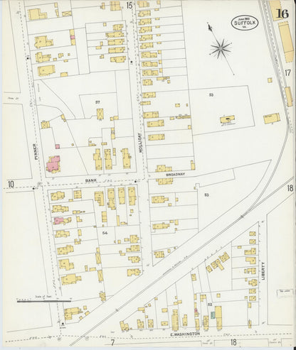 Sanborn Fire Insurance Map from Suffolk, Independent Cities, Virginia (1903), Sheet #0016 - Historic Sanborn Fire Insurance Map Print, vintage old map wall art, antique decor, genealogy gift, Virginia Virginia map