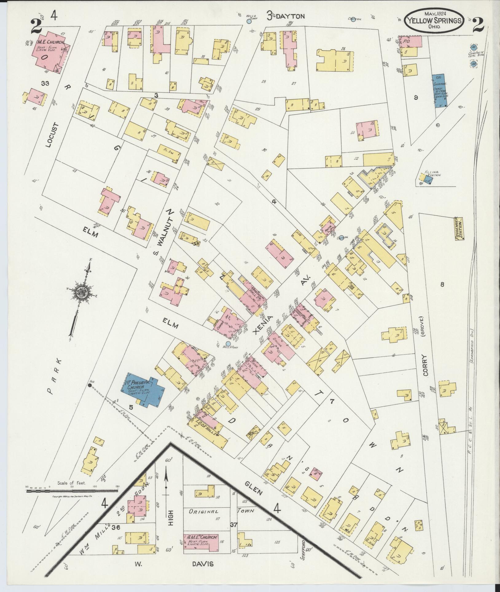 Sanborn Fire Insurance Map from Yellow Springs, Greene County, Ohio (1924), Sheet #0002 - Historic Sanborn Fire Insurance Map Print, vintage old map wall art, antique decor, genealogy gift, Ohio Ohio map