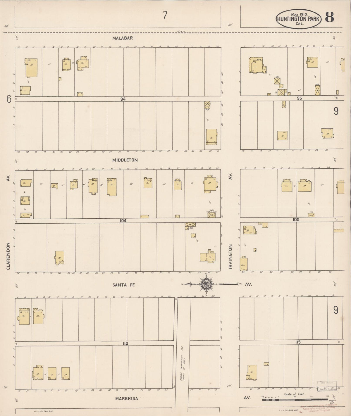Sanborn Fire Insurance Map from Huntington Park, Los Angeles County, California (1910), Sheet #0008 - Complete Map Set gallery image, historic Sanborn map, vintage wall art, California California