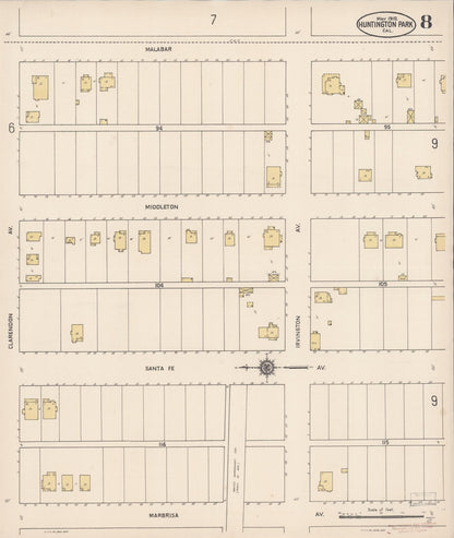 Sanborn Fire Insurance Map from Huntington Park, Los Angeles County, California (1910), Sheet #0008 - Complete Map Set gallery image, historic Sanborn map, vintage wall art, California California