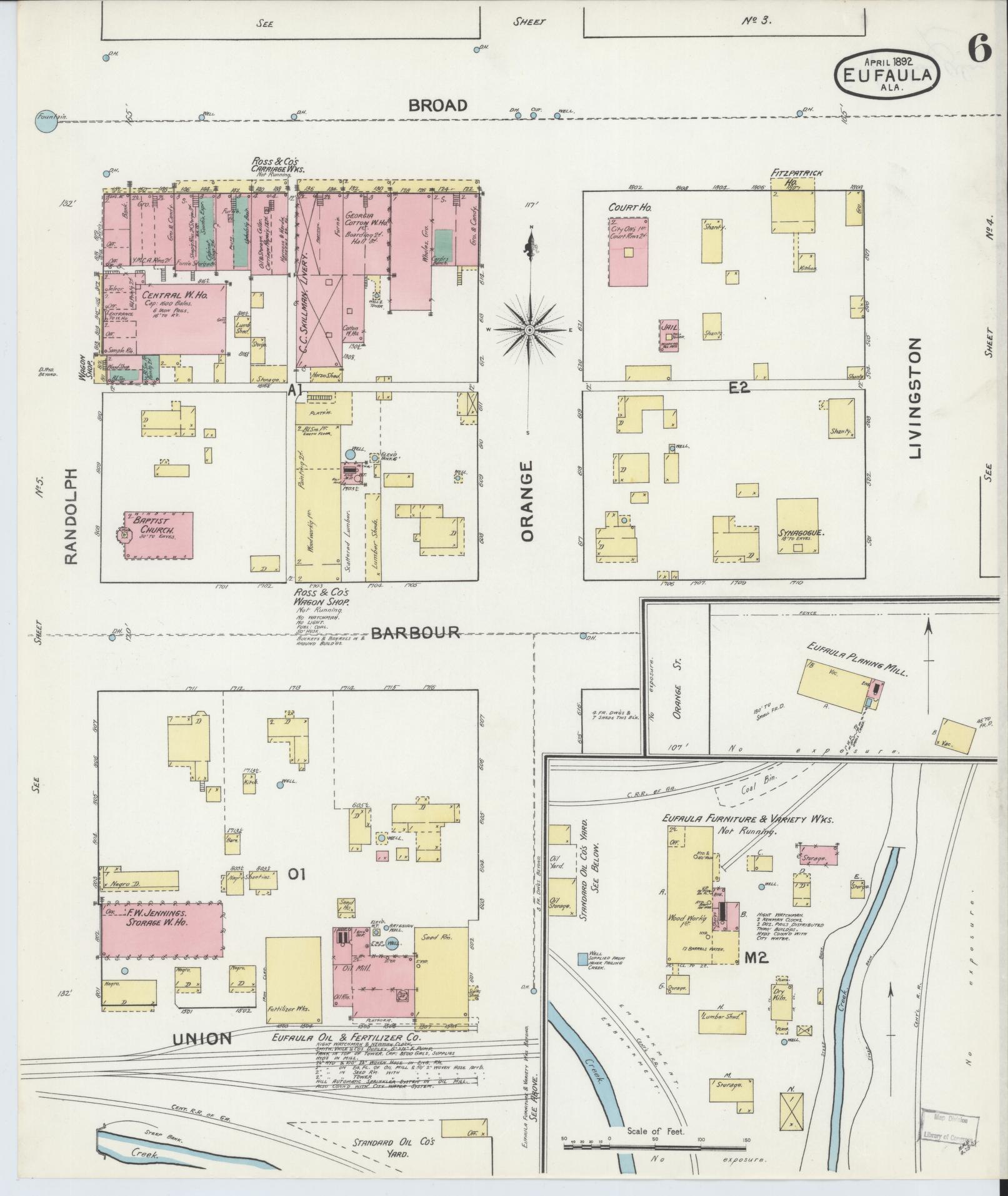 Sanborn Fire Insurance Map from Eufaula, Barbour County, Alabama (1892), Sheet #0006 - Historic Sanborn Fire Insurance Map Print, vintage old map wall art, antique decor, genealogy gift, Alabama Alabama map