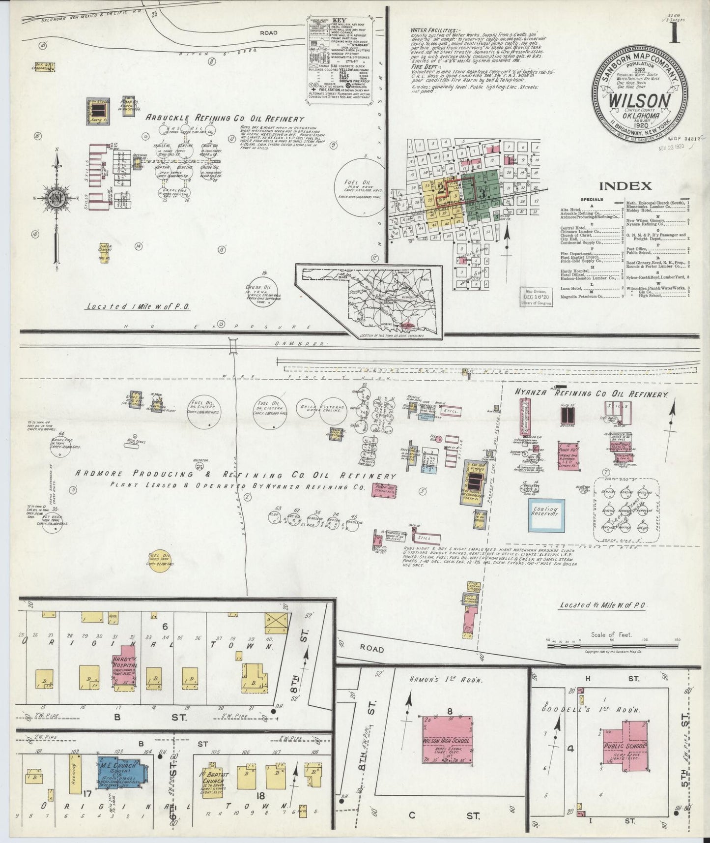 Sanborn Fire Insurance Map from Wilson, Carter County, Oklahoma (1920), Sheet #0001 - Historic Sanborn Fire Insurance Map Print, vintage old map wall art, antique decor, genealogy gift, Oklahoma Oklahoma map