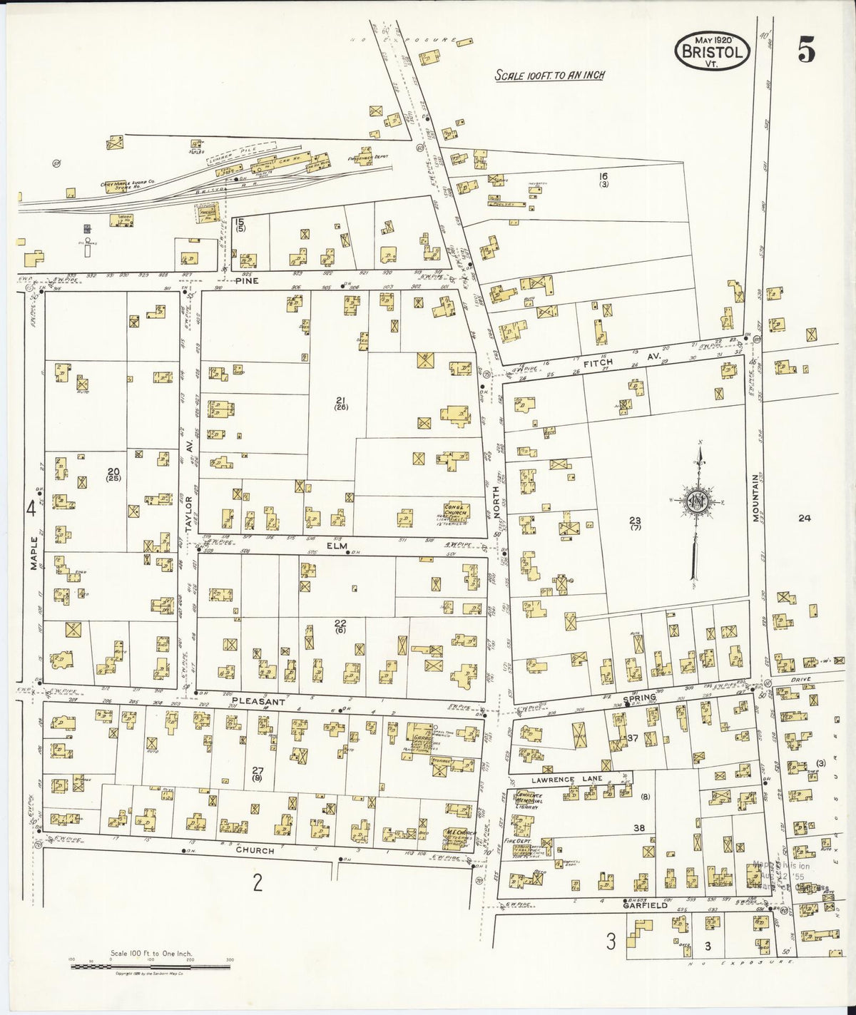 Sanborn Fire Insurance Map from Bristol, Addison County, Vermont (1920), Sheet #0005 - Historic Sanborn Fire Insurance Map Print, vintage old map wall art, antique decor, genealogy gift, Vermont Vermont map