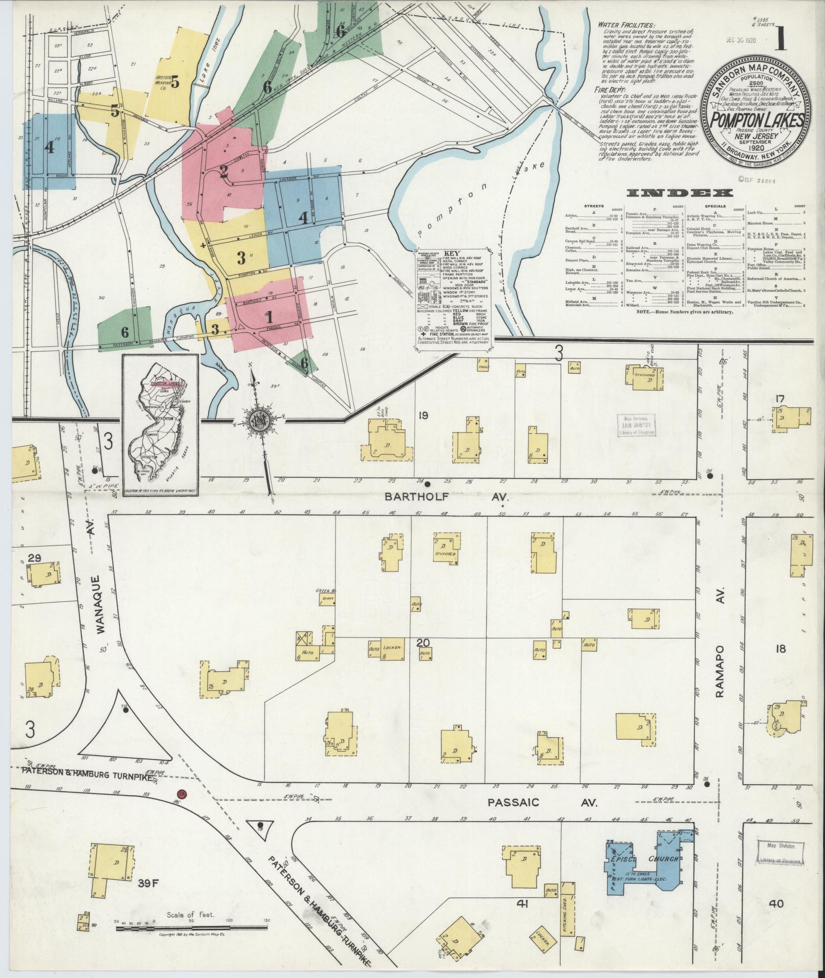 Sanborn Fire Insurance Map from Pompton Lakes, Passaic County, New Jersey. (1920) – Historic Sanborn Fire Insurance Map Print